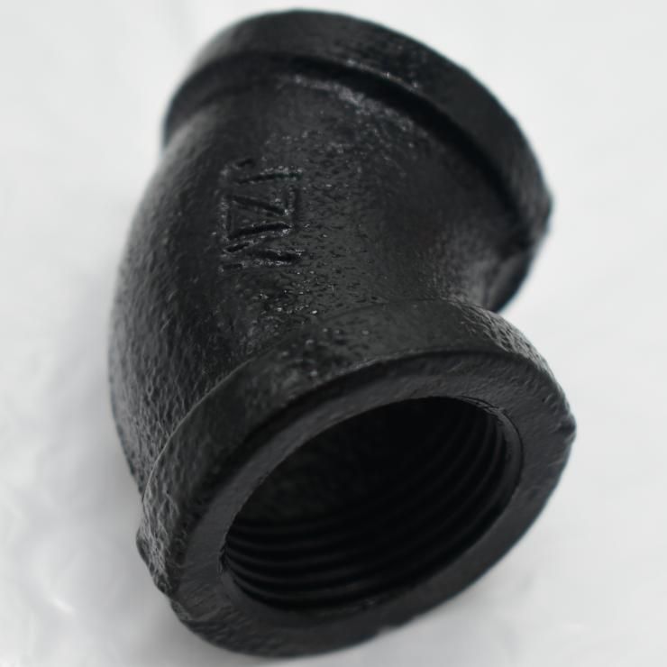Black Coated Malleable Cast Iron Pipe Coupling 45NPT Thread Elbow for Vintage Industrial Shelf