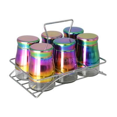 Rainbow Color Glass and Stainless-Steel Spice Storage / Jar Rack Countertop Herb Organization for Home &amp; Kitchen Set of 6