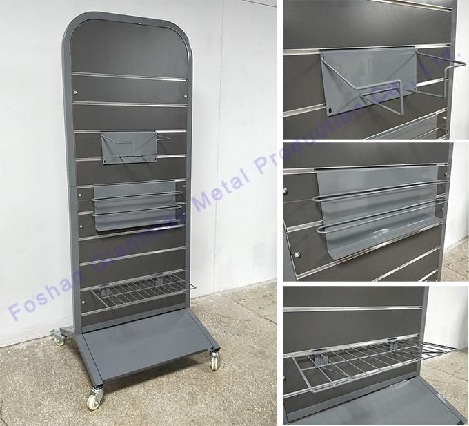 Double Sides Movable Slatwall Accessories Hanging MDF Display Rack with Wheels
