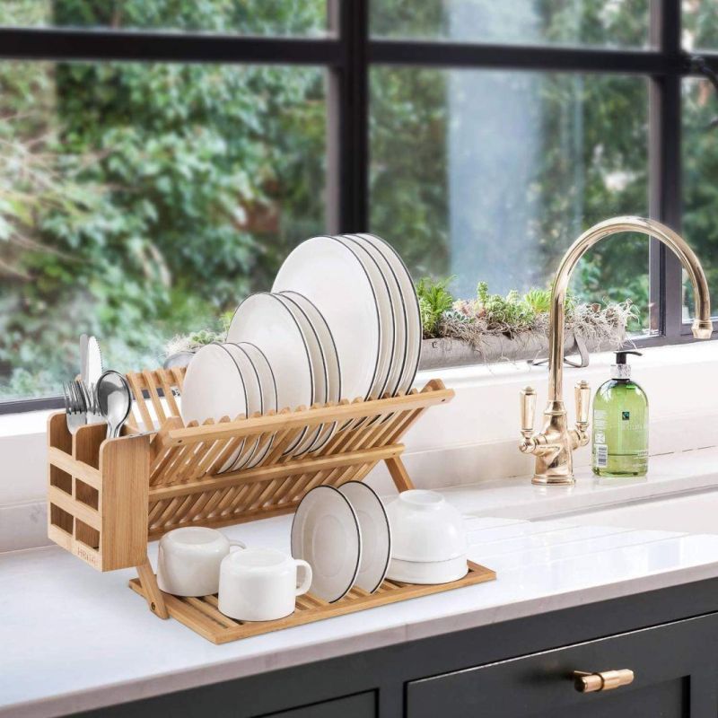 Bamboo Dish Drying Rack with Utensils Flatware Holder Set Large Folding Drying Holder for Kitchen, Collapsible Drainer, Cups and Utensils Holder