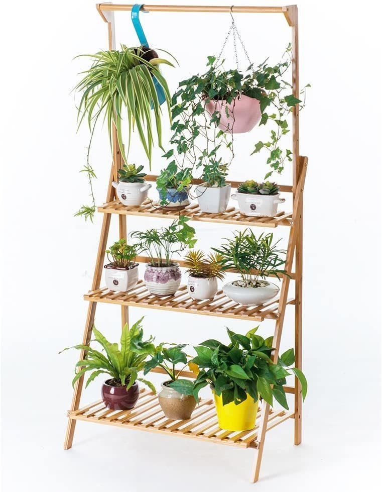 Bamboo 3-Tier Hanging Plant Stand Planter Shelves Flower Pot Organizer Rack Folding Display Shelving Plants Shelf Unit Holder