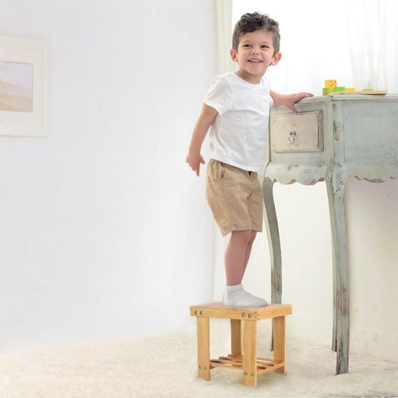 Multifunctional Kids Bamboo Stool, Step Stool with Storage Shelf