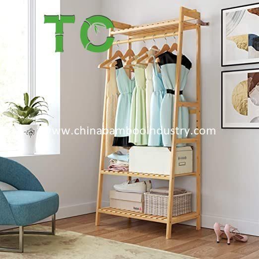 Wholesale Bamboo Clothes Rack Coat Stand, Large Garment Rack with Top Shelf and 2-Tier Shoe Clothing Storage Organizer Shelves