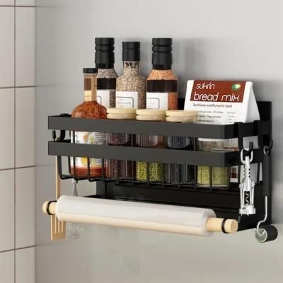 Magnetic 2 Tier Refrigerator Spice Storage Shelf Side Rack with Paper Towel Holder