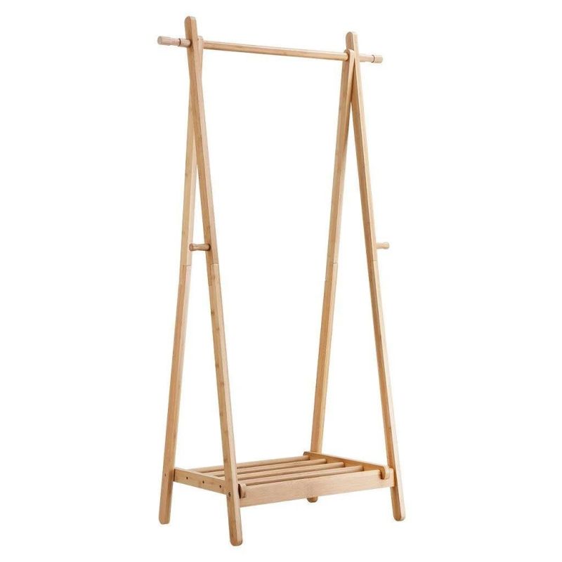 Bamboo Coat Clothes Hanging Heavy Duty Garment Rack with Top Shelf and Shoe Clothing Storage Organizer Shelves