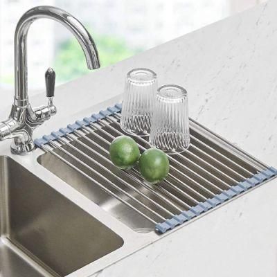 Custom Size Stainless Steel Sink Dry Rack Folding Above The Sink Portable Roll up Dry Kitchen Storage Rack