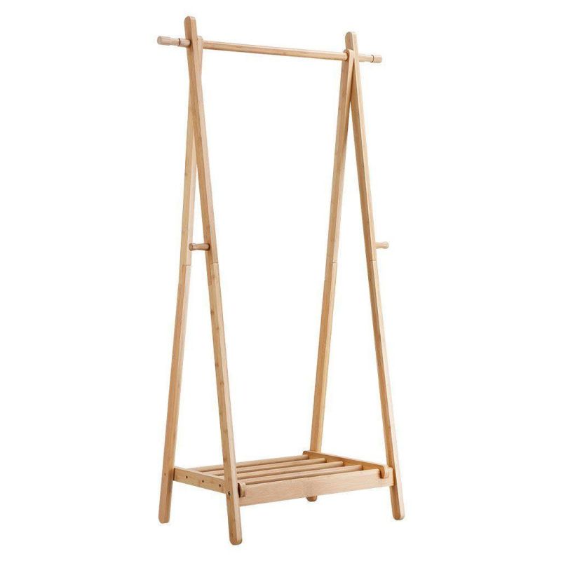 Natural Color Bamboo Clothes Laundry Rack with Lower Shoe Shelf for Extra Storage Space Garment Stand