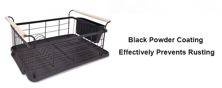 Kitchenware Metal Storage Shelf Plate Rack Dish Drainer Dish Drying Rack with Wood Handle