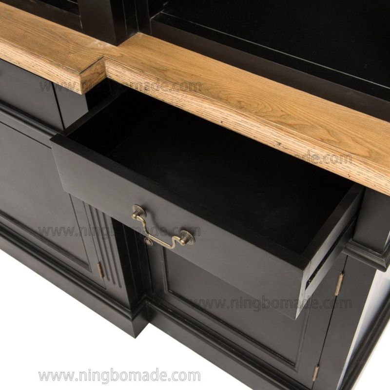 Antique Nordic Classic Furniture Natural and Black Solid Wood Four Doors Four Drawers Upper and Lower Bookcase