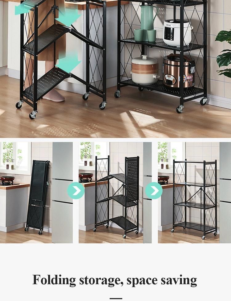 5-Tier Mobile Iron Foldable Kitchen Standing Shelving Unit Shelves Metal Storage Folding Pantry Rack with Wheels