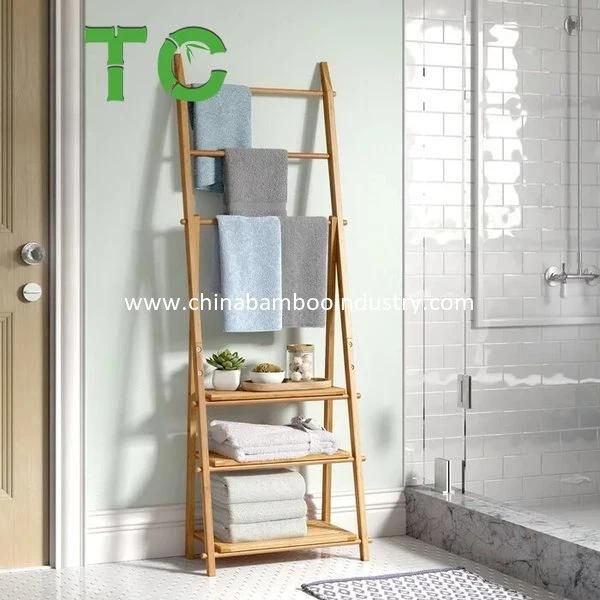 Wholesale Foldable Bamboo Free-Standing Towel Rack Towel Holder Bamboo Ladder Towel Rack Stand Bamboo Towel Rack with 3 Shelves 3 Rails