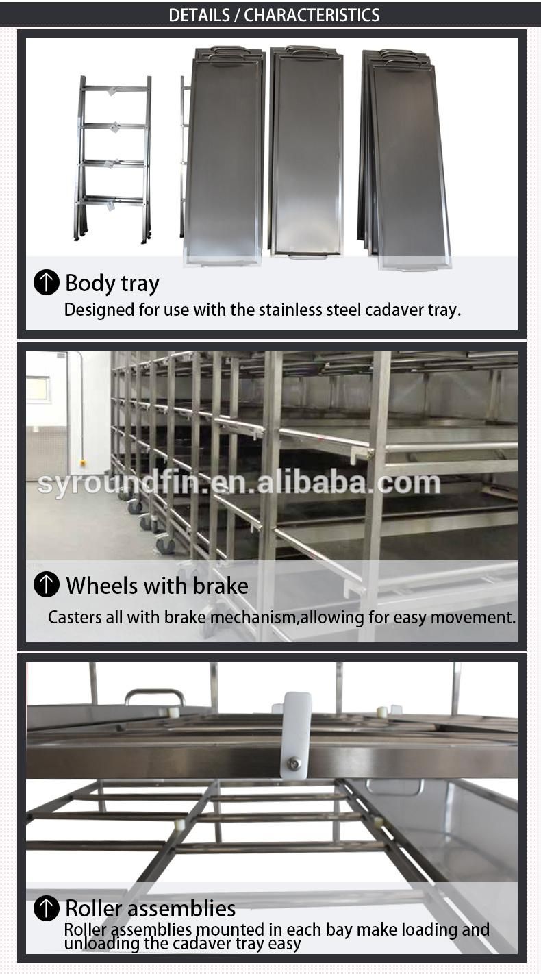 Roundfin Mortuary Roller Rack Wheel Storage Rack Tire 304 Stainless Steel Morgue Rack & Body Tray System