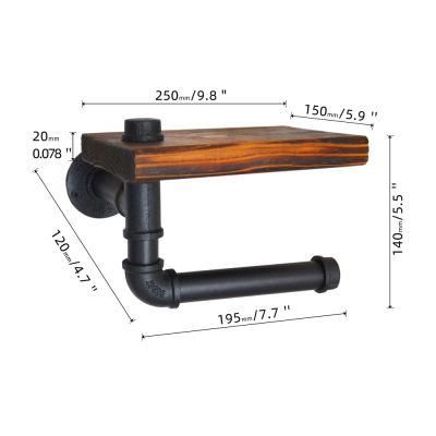 Toilet Paper Holder with Shelf Rustic Wooden Shelf and Black Iron Pipe Hardware Paper Towel Holder Wall Mount for Bathroom