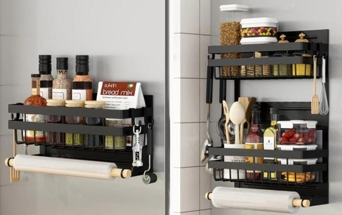 Magnetic 2 Tier Refrigerator Spice Storage Shelf Side Rack with Paper Towel Holder
