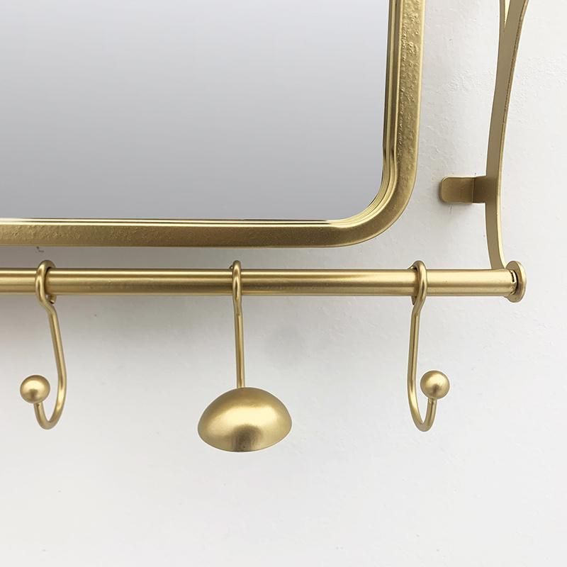 Large Rectangle Golden Metal Framed Wall Mirror with Shelf and Towel Rack for Bathroom Decor