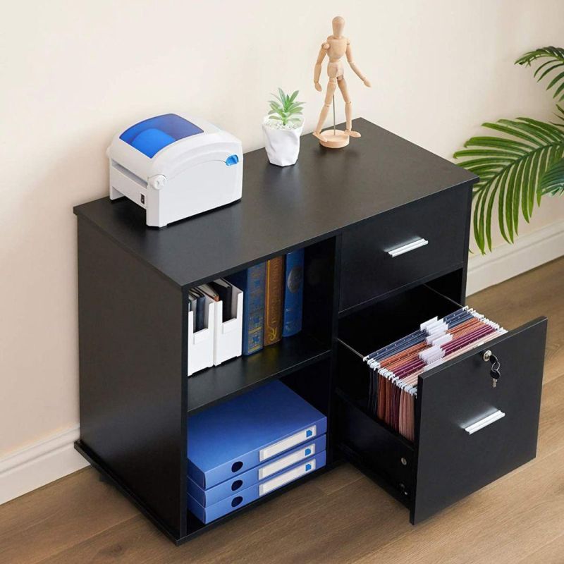 3-Drawer Mobile Lateral Filing Cabinet, Printer Stand with Open Storage Shelves for Home Office, Black