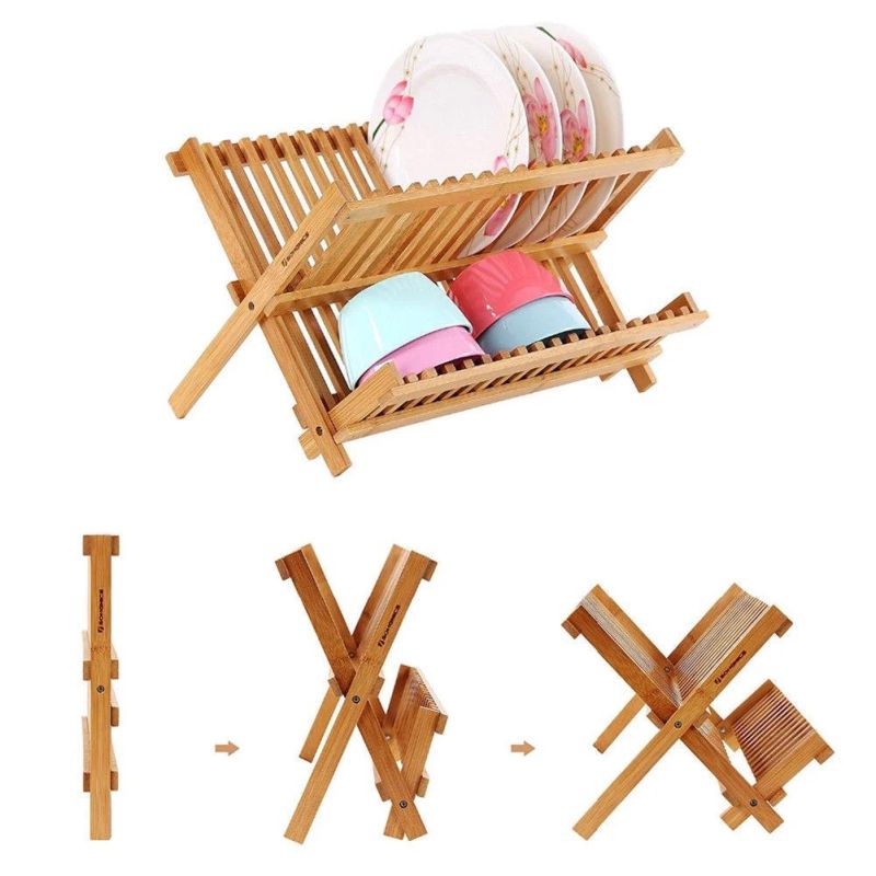 Bamboo Holder Stand Plates Drying Storage Kitchen Wood Tool Dish Drainer Rack Bh-4001