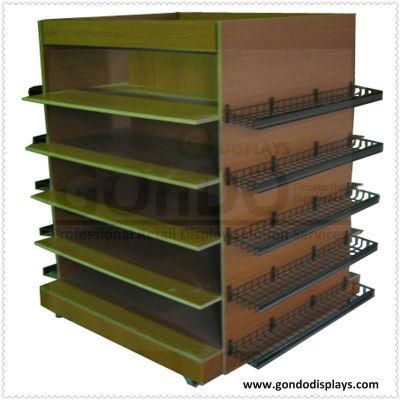 Retail Display Design 4-Sided Wooden Book Shelf with Metal Wire Shelves
