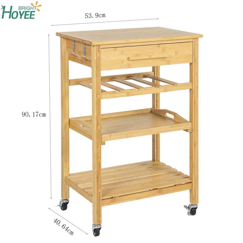 Rolling Wood Kitchen Storage Cart Rack with Drawer Shelves Wine Rack