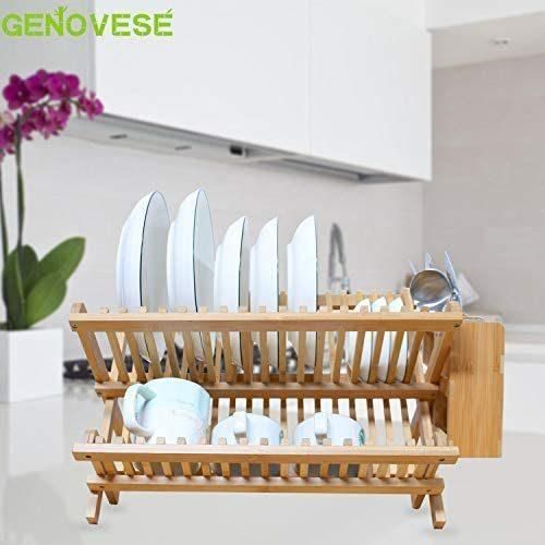 Bamboo Dish Drying Rack with Utensil Flatware Holder, 2-Tier Folding and Compact Drainer Kitchen (1 Utensil Holder) 18 Slots