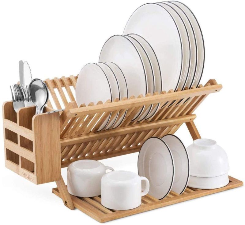 Bamboo Dish Drying Rack with Utensils Flatware Holder Set Large Folding Drying Holder for Kitchen, Collapsible Drainer, Cups and Utensils Holder