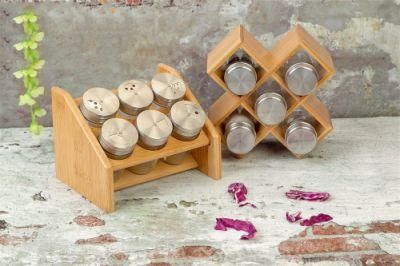 Hot Selling Natural Bamboo Kitchen Spice Jar Storage Organzie Rack with 6 Bottles Spice Jars