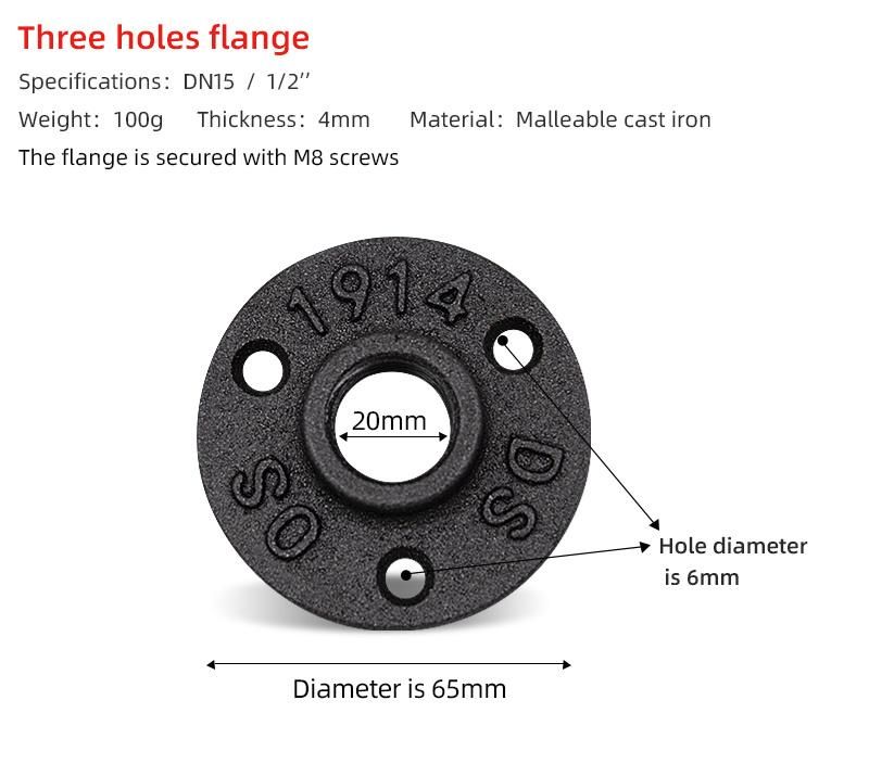 DN15 1/2" Malleable Iron Flange Pipe Floor Fitting Plumbing Threaded 3 Holes Flange
